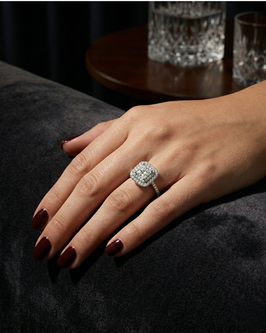 A bold and glamorous cushion cut diamond engagement ring with high brilliance sparkle by Amorati.