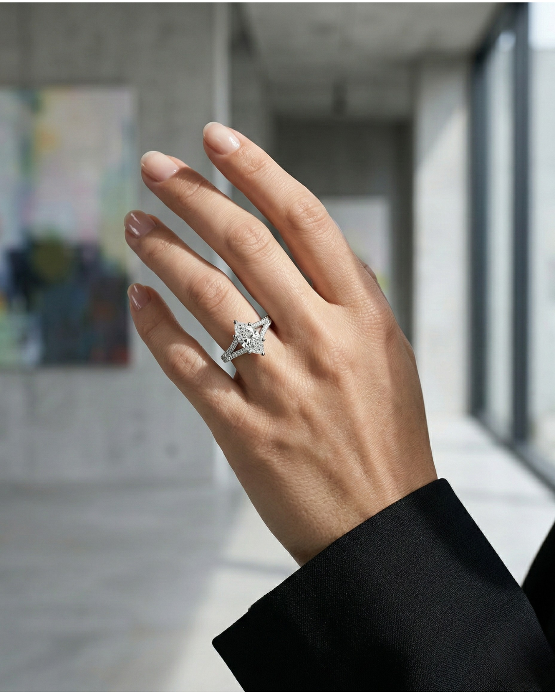 A unique, asymmetrical marquis shaped diamond engagement ring designed in the Amorati digital ring builder.