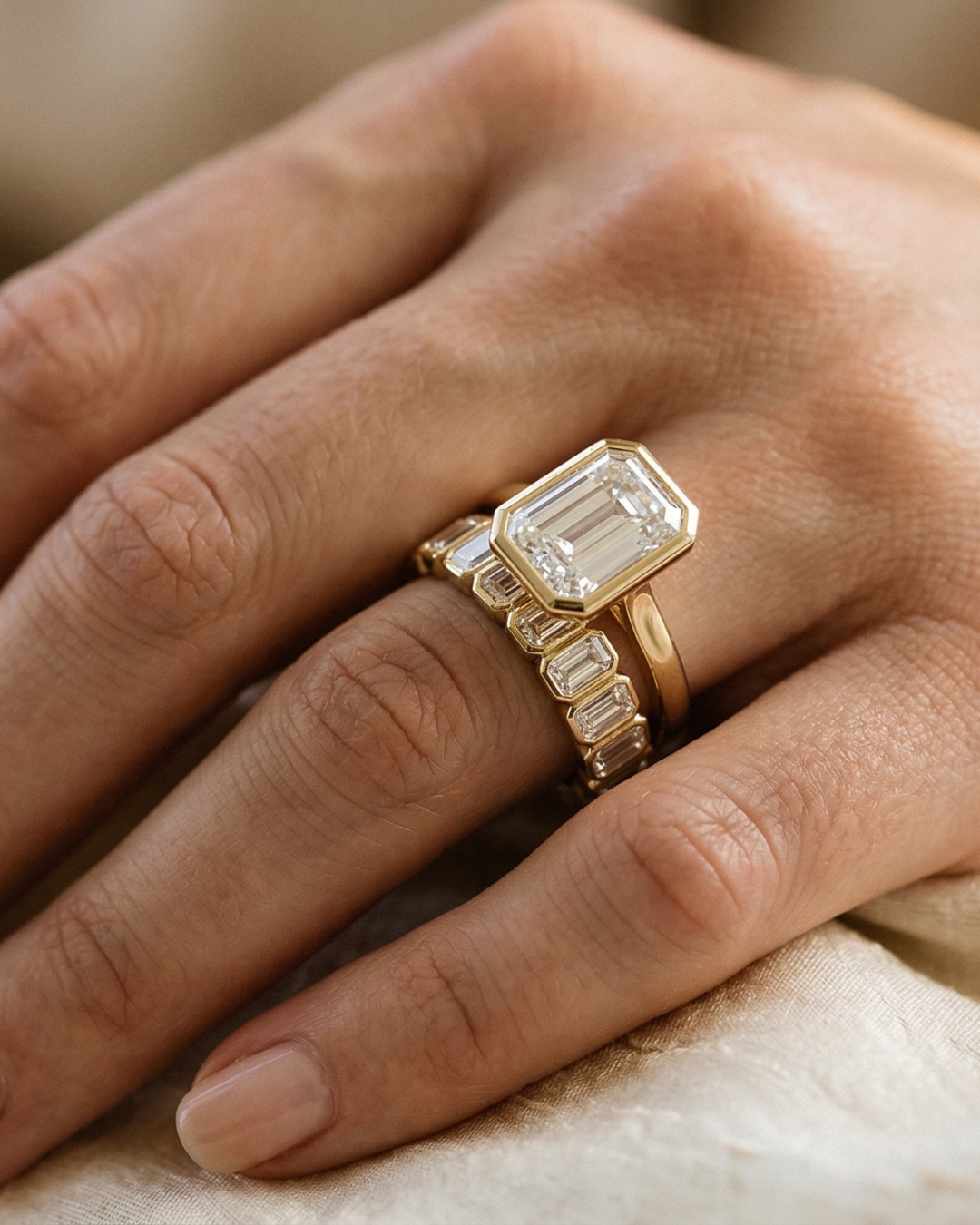 Close-up of a modern Amorati bezel-set emerald cut diamond engagement ring in 18k yellow gold, representing the 2026 quiet luxury trend.