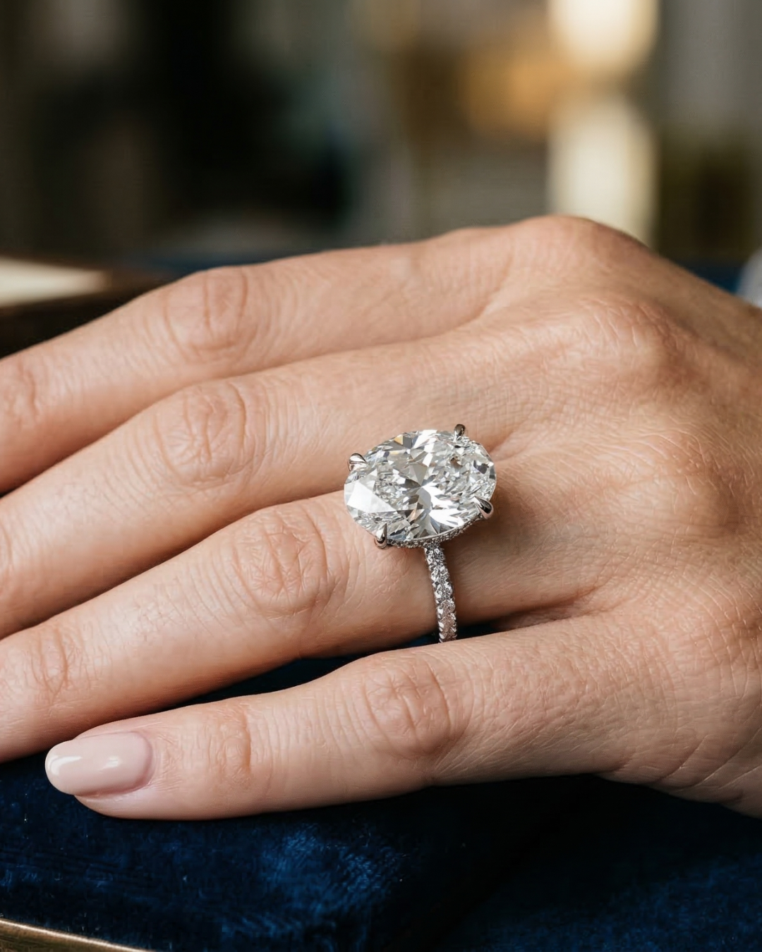 A 5-carat Amorati jumbo lab-grown oval diamond solitaire with VVS1 clarity and E color, set in a minimalist platinum 4-prong band.
